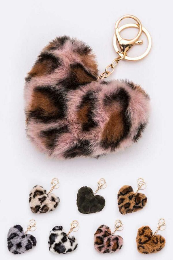 Animal Printed Faux Fur Heart Pom Key Chain-ASSORTED
