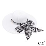 Paper straw wide brim hat with decorative pull through sash scarf