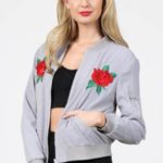 Hesperus Silk Bomber Jacket w/ Red Roses, Grey