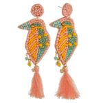 Multi Seed Beaded Felt Fringe Tassel Bird Earrings