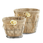 Oval Wire Baskets w/Burlap Liner & Flower Detail, Set of 2