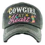 Vintage Distressed "Cowgirl at Heart" Baseball Cap, various colors