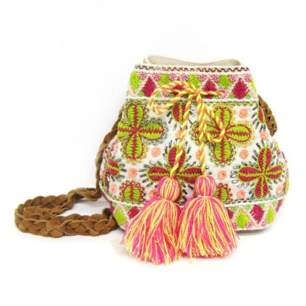 Floral Yarn Embroidered Tassel Crossbody Canvas Handbag Featuring Faux Leather Braided Strap