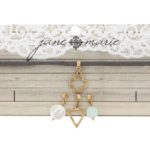 12" GREY LEATHER CHOKER WITH OPEN TRIANGLE, OPEN CROSS, PEARL, AQUA BEAD, 3" EXT.