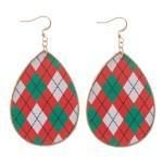 Faux Leather Christmas Plaid Print Teardrop Earrings.