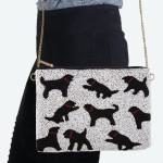 White Seed Beaded Canvas Crossbody Handbag Featuring Black Dog Print