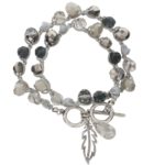 GREY & BLACK DIAMOND GLASS CROCHET & FEATHER CHARM BRACELET