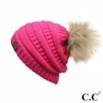 Solid Ribbed Knit Faux Fur Pom Beanie