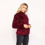 Collared Sherpa Jacket with Pockets, Burgundy