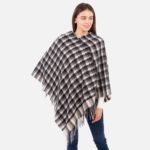 Women's Plaid Knit Poncho Featuring Fringe Accents